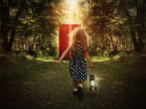 Little girl with lantern in woods. 